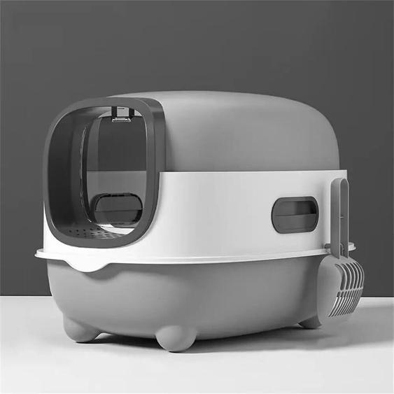 Bac à litière - Bac à litière à capot fermé - Entrée frontale - Complètement fermé - Avec pelle - Ovale en plastique - Gris