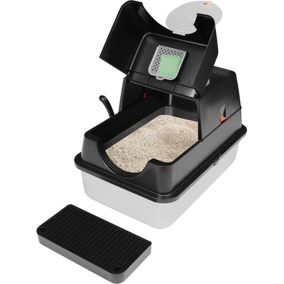 Bac à litière - Bac à litière fermé - 62 × 42 cm - Volume 28 l - Pour chats jusquà 10 kg - Acier inoxydable, PP, ABS - Noir