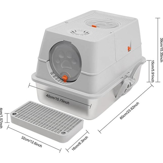 Bac à litière - Bac à litière fermé - Acier inoxydable - Couvercle rabattable - Pelle et brosse - 28 l - Pour chats jusquà 10 kg - Autonome - Gris clair
