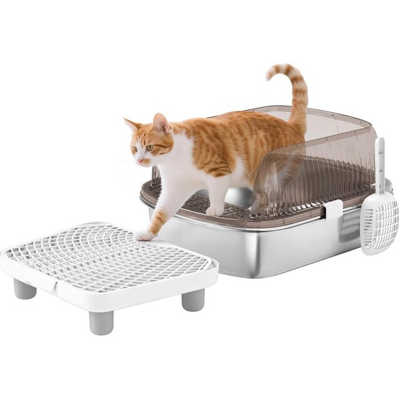 Bac à litière - Bac à litière fermé - Bac en acier inoxydable - Bords hauts - Pelle incluse - Marche avec litière - 53×42×27 cm - Gris