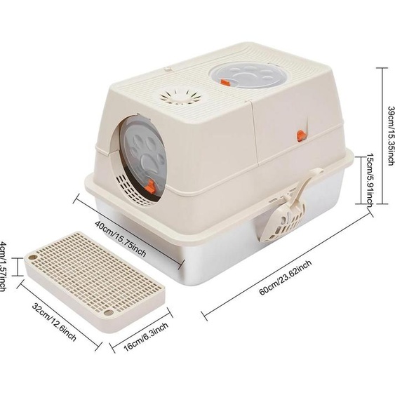 Bac à litière - Bac à litière fermé - Couvercle rabattable - Acier inoxydable + PP/ABS - 28 L - Pour chats jusquà 10 kg - Avec pelle et brosse - Kaki/Jaune