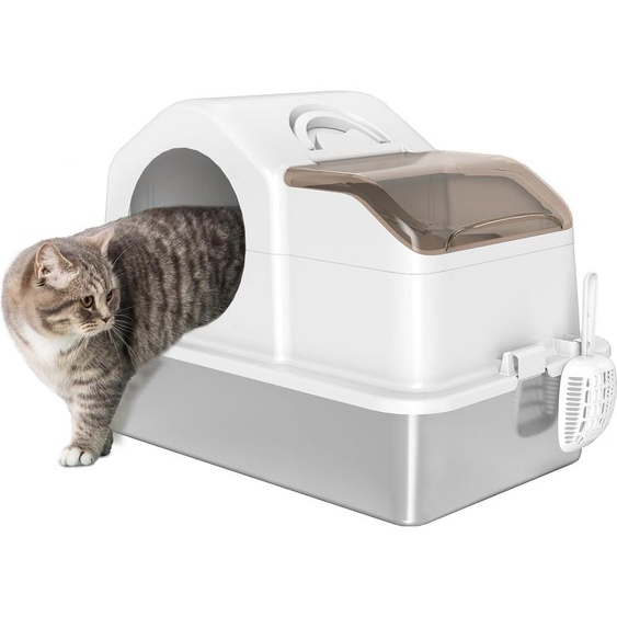 Bac à litière - Bac fermé - Cuve en acier inoxydable - Couvercle amovible - Bords hauts - Facile à nettoyer - Dimensions 60,5×40,5×42 cm - Blanc