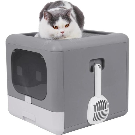 Bac à litière/cloison - Modèle semi-fermé - Bac à litière, Avec pelle, Entrée frontale, Couvercle amovible, Plastique PP - Gris/Blanc