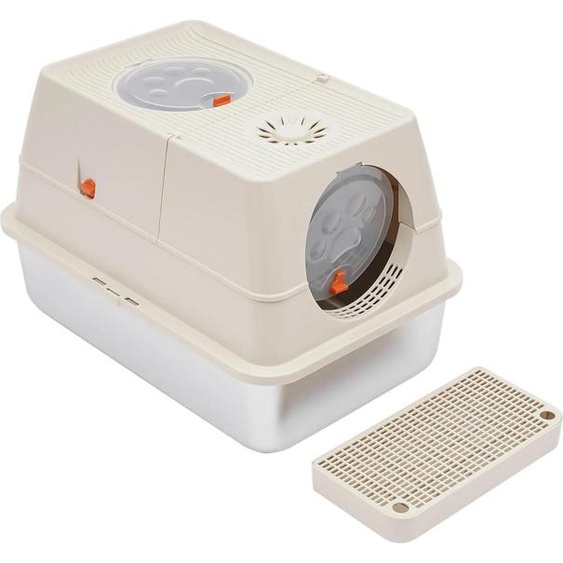 Bac à litière - Design fermé - Acier inoxydable - Couvercle rabattable - Double entrée - 60 x 40 x 39 cm - Pour chats jusquà 10 kg - Blanc