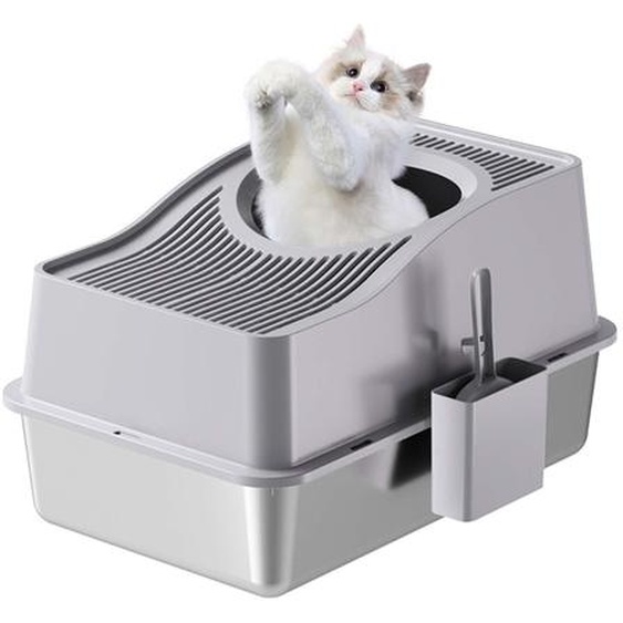 Bac à litière en acier inoxydable avec couvercle Bac à litière avec pelle Tapis pour litière et pelle gris 60*40*34,5 cm