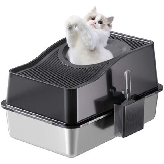 Bac à litière en acier inoxydable avec couvercle Bac à litière avec pelle Tapis pour litière et pelle noir 60*40*34,5 cm