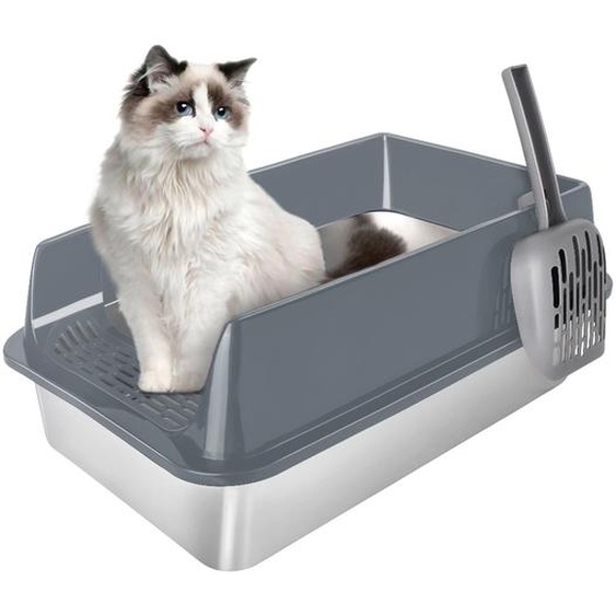 Bac à litière en acier inoxydable avec pelle Classic Grand avec rebord 60x40x30cm gris