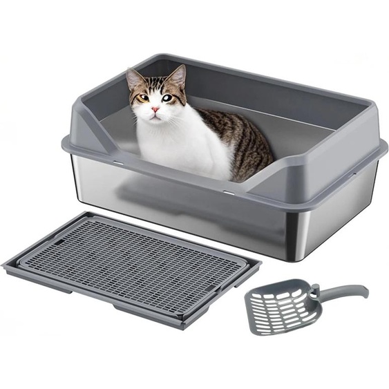 Bac à litière en acier inoxydable - Bac à litière - Bords hauts - Tapis double couche - Pelle incluse - Grand boîtier - Pour la maison