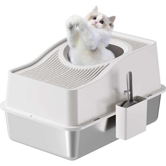 Bac à litière en acier inoxydable - Bac à litière fermé - XL Extra large - Côtés hauts - Avec tapis et pelle - Pour grands chats - Blanc