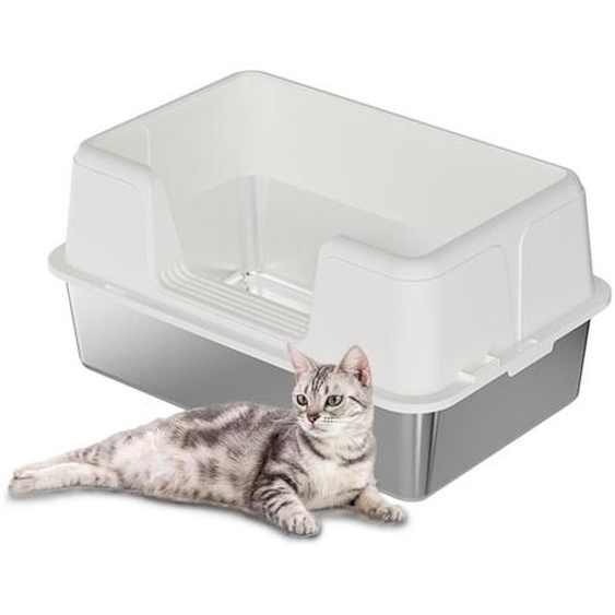 Bac à litière en acier inoxydable Bac à litière ouvert à haut rebord avec tapis antidérapant et pelle inclus Blanc 60*40*36.5 cm