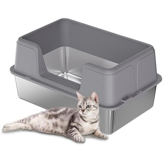 Bac à litière en acier inoxydable Bac à litière ouvert avec rebord haut Bac à litière avec tapis antidérapant et pelle inclus Pelle incluse Gris 50*35*26,5 cm