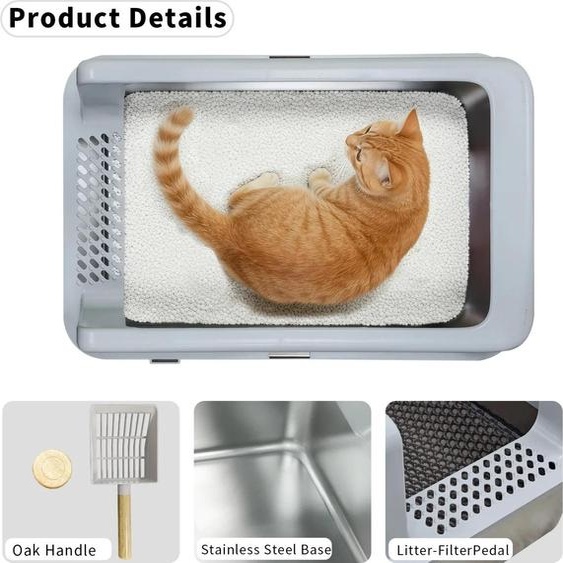 Bac à litière en acier inoxydable - Bac à litière semi-fermé - Côtés hauts - Étanche à lurine - Facile à nettoyer - Argent