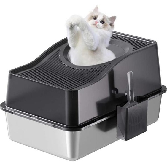 Bac à litière en acier inoxydable - Bac à litière XXL - Bords hauts - Avec tapis et pelle - Pour grands chats - Noir