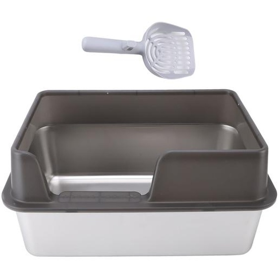 Bac à litière en acier inoxydable. Grand dessus ouvert et facile à nettoyer. Parois latérales et couvercle hauts. Protégé contre les éclaboussures avec pelle