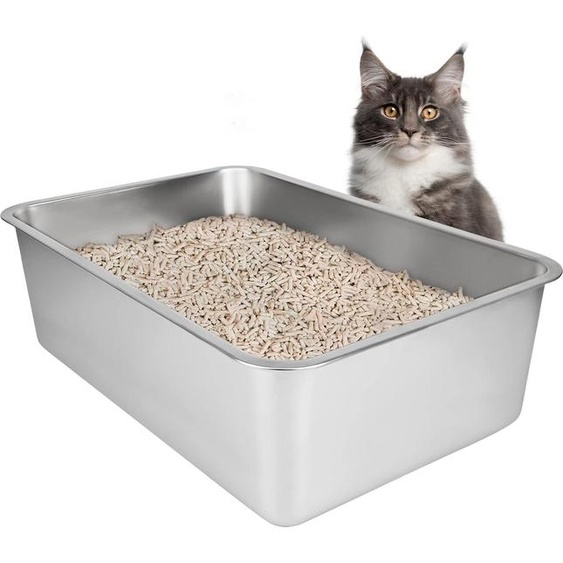 Bac à litière en acier inoxydable grand format (50 x 35 x 20 cm) - Bac à litière métallique pour chats et lapins - Inodore et sans taches