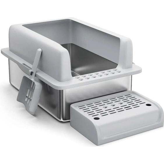 Bac à litière en acier inoxydable - Litière pour chat - Taille M - Avec marchepied - Avec pelle - Fond antidérapant - Facile à nettoyer - Blanc