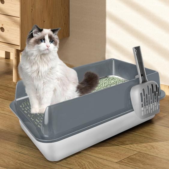 Bac à litière en acier inoxydable ouvert sur le dessus avec pelle et facile à nettoyer 50*35*24cm Gris