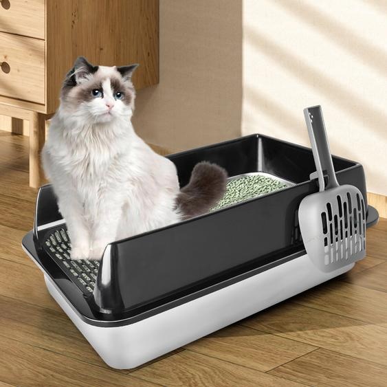 Bac à litière en acier inoxydable ouvert sur le dessus avec pelle et facile à nettoyer 50*35*24cm Noir