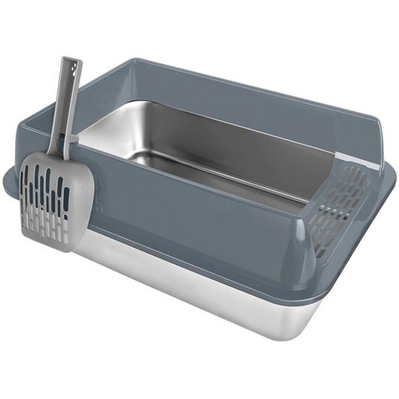 Bac à litière en acier inoxydable ouvert sur le dessus avec pelle et facile à nettoyer 60*40*30cm Gris