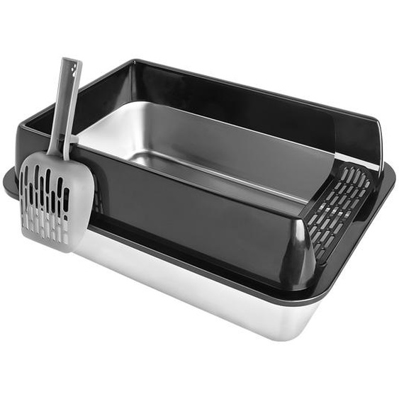 Bac à litière en acier inoxydable ouvert sur le dessus avec pelle et facile à nettoyer 60*40*30cm Noir