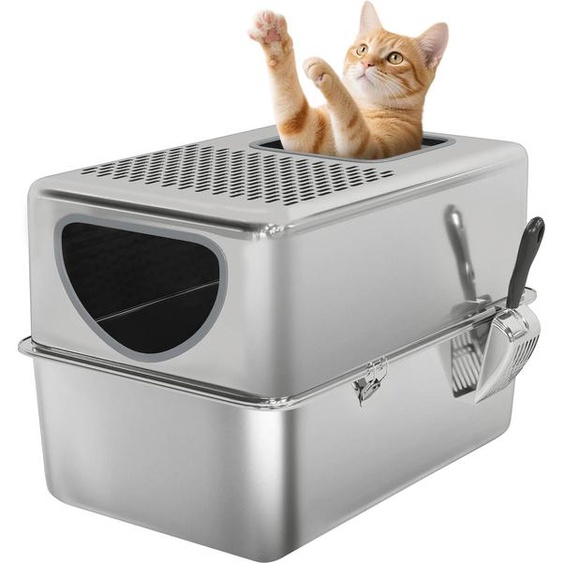 Bac à litière en acier inoxydable - XL - Avec pelle - Double ouverture - Facile à nettoyer - Argenté