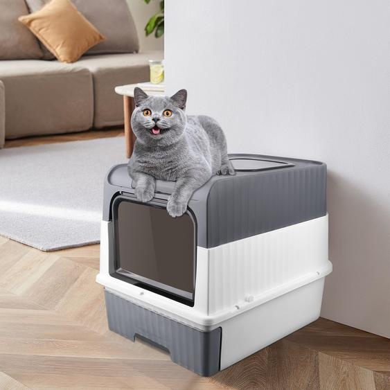 Bac à litière extensible Bac à litière à double porte avec pelle Désodorisant 49×37×35cm Gris