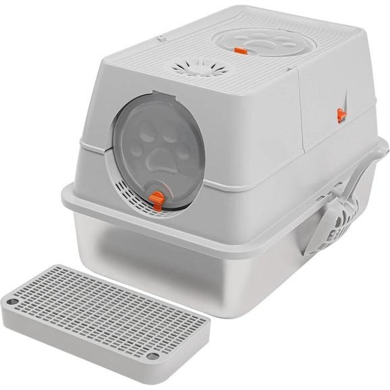 Bac à litière fermé - Bac à litière avec tamis - Volume 28 L - Contrôle des odeurs - Pour chats jusquà 10 kg - Acier inoxydable/PP/ABS - Gris clair