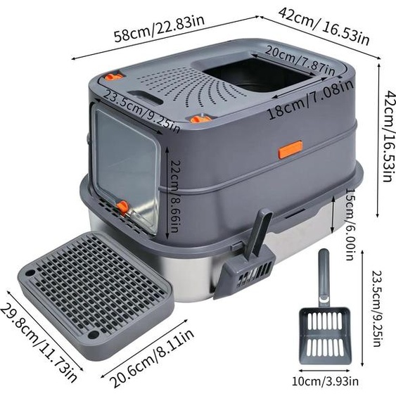 Bac à litière - Inox - Complètement Fermé - XL - 58×42×42 cm - Pour Grand Chat - Avec Couvercle - Blanc