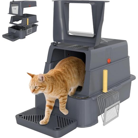 Bac à litière - Modèle XL - Inox + ABS - Couvercle rabattable 180° - Côtés hauts - 63×43×43 cm - Gris