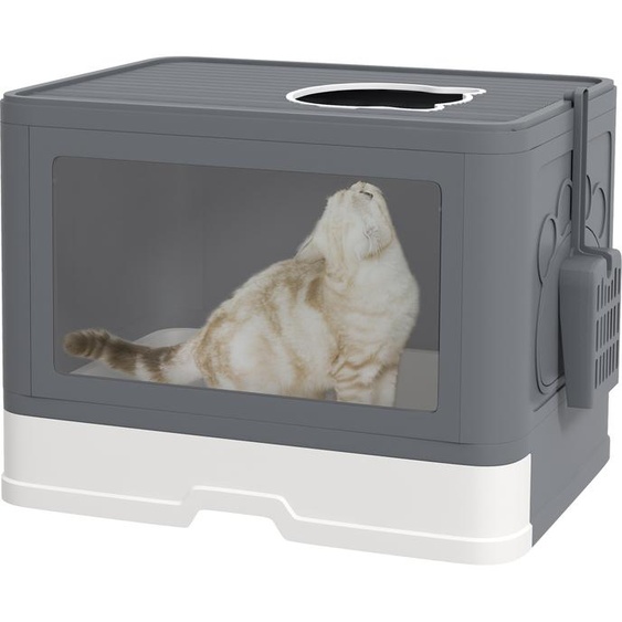 Bac à litière PawHut avec couvercle Bac à litière avec pelle, pour chats jusquà 4 kg, pour lintérieur, plastique gris 48,5 x 38 x 36,5cm