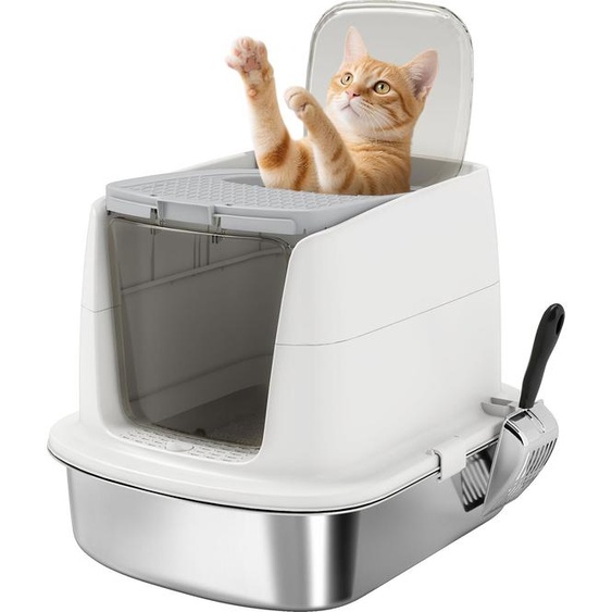 Bac à litière PawHut, bac à litière avec couvercle, pelle à litière, bac en acier inoxydable, bac à litière avec filtre à litière intégré, sac désodorisant