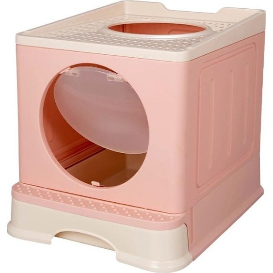 Bac à litière pliable avec bac extensible Bac à litière avec pelle Portable Double porte Rose