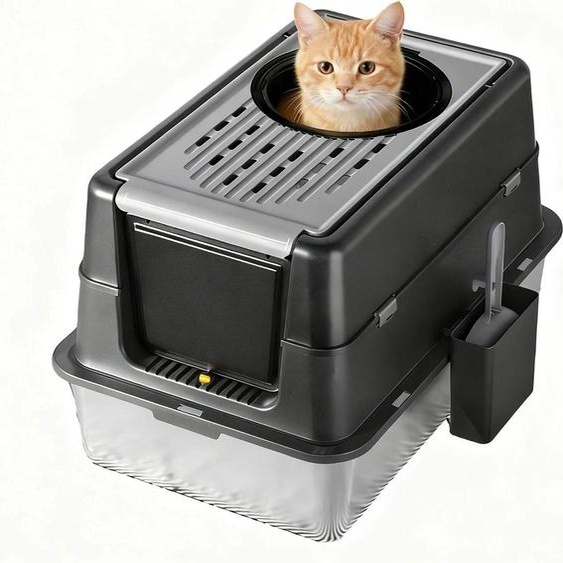 Bac à litière pour chat - Acier inoxydable - Fermé - Couvercle rabattable - Étanche - Avec pelle - Taille M - Noir