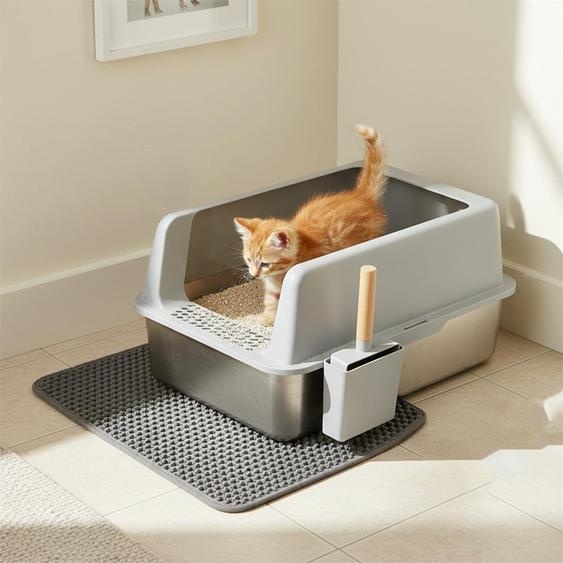 Bac à litière WISFOR en acier inoxydable, bac à litière sans couvercle, bac à litière ouvert XXL avec pelle et tapis, bac à litière en forme de cuvette pour chat, 60 x 40 x 31 cm