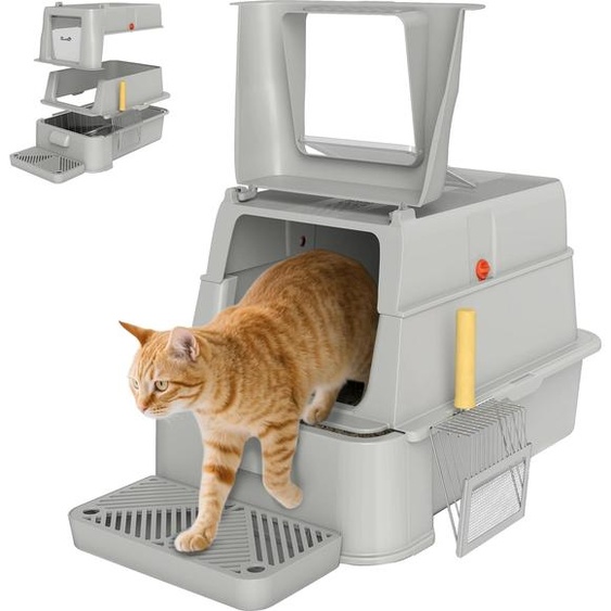 Bac à litière - XL Bac à litière - Inox & ABS - Couvercle rabattable 180° - Parois hautes & Marchepied anti litière - 63×43×43 cm - Gris clair