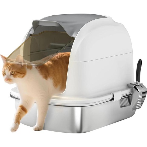 Bac à litière - XL Top-Entry en acier inoxydable - Couvercle à charnière - Anti-fuite - Facile à nettoyer - Avec pelle - Blanc