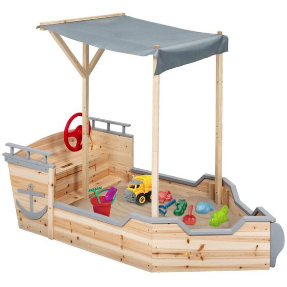Bac à sable world bois bateau de pirate avec banc coffre et toit gris