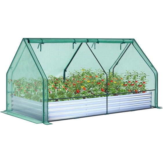 Bac de culture surélevé avec serre Planteuse en métal galvanisé avec couverture en PVC - Kit de jardinage 3 en 1 pour légumes et fleurs