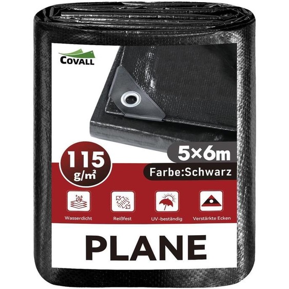 Bâche de protection 5x6 mètres, noire, 115 g/m², imperméable, résistante aux UV, résistante à la déchirure, avec œillets