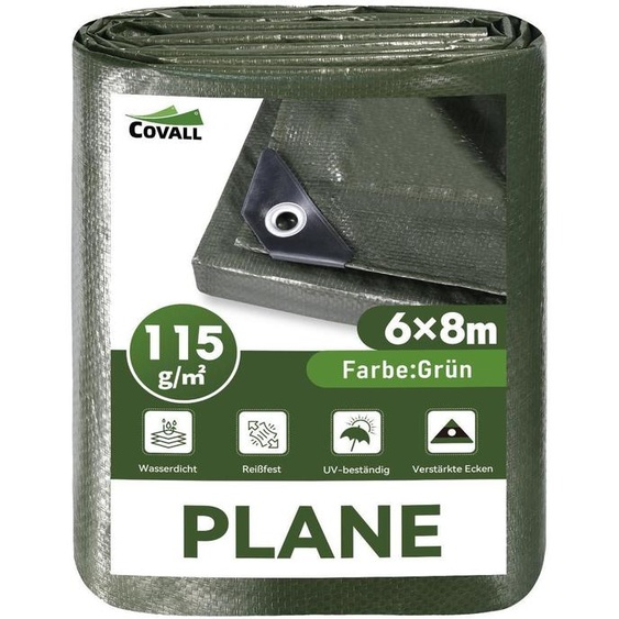 Bâche de protection 6x8 mètres, couleur verte, 115 g/m², imperméable, résistante aux UV, résistante à la déchirure, en polyéthylène