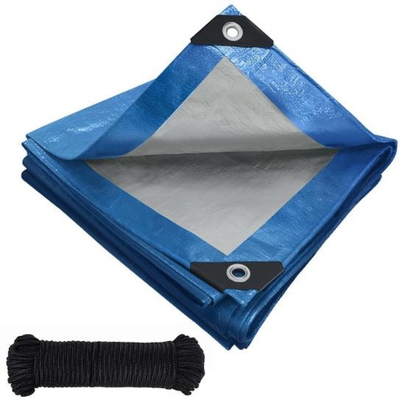 Bâche de protection étanche avec œillets, tissu PE de 120 g/m², dimensions 6 m x 8 m, couleur bleu-argent