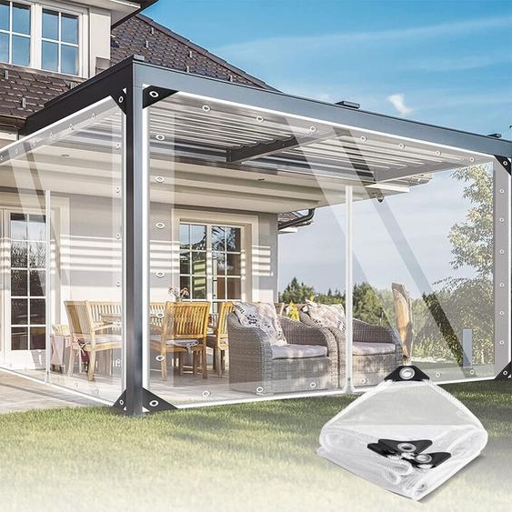 Bâche de protection transparente avec fermeture éclair, bâche PVC étanche pour lextérieur - Idéale pour les meubles de jardin, le kiosque et le balcon - 3 x 4 m