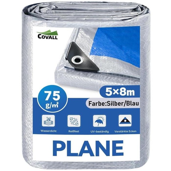 Bâche étanche de 5 x 8 mètres, 75 g/m², en polyéthylène (PE), argentée/bleue, résistante aux UV et aux déchirures, avec œillets