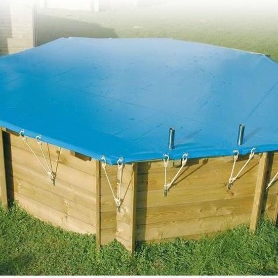 Bâche Hiver Sécurité Piscine Bois UBBINK Hexagonale 410, Bleue, 550gr, 381x439cm