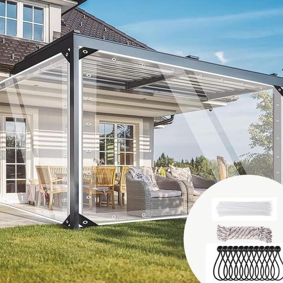 Bâche transparente à illets, bâche en PVC imperméable de 420 g/m², bâche transparente résistante aux intempéries, fabriquée sur mesure avec 20 serre-câbles, 12 tendeurs à bille noirs, 10 m de corde de fixation (2 x 5 m)
