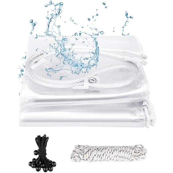 Bâche transparente avec renforts aux illets, 420 g/m², 2 x 5 m, bâche imperméable / bâche de tente avec cordes noires, en PVC, bâche résistante aux intempéries pour protéger les serres et le mobilier de jardin de la pluie.