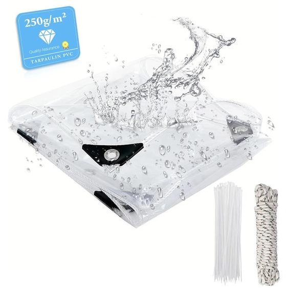 Bâche transparente en PVC - Bâche de protection - Imperméable - Épaisseur 0,2 mm - illets inoxydables - 4 x 4 m - Pour terrasse, tonnelle, mobilier de jardin - Transparente