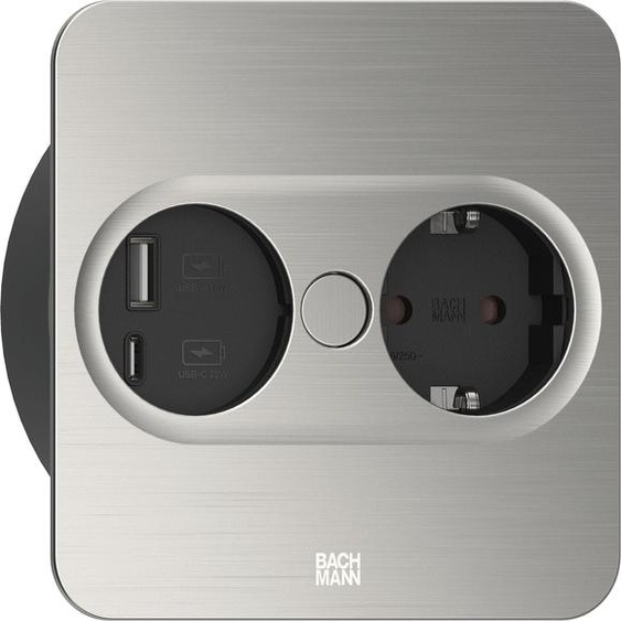 Bachmann TWIST 2 plaque de protection métallique carrée, aspect inox, 1xprise de courant de sécurité noire avec protection accrue contre les contacts accidentels, 1xUSB A/C 22W Charger, câble dalimentation 2,0m H05VV-F3G1,5mm² noir avec embouts et fiche