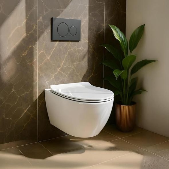 BADLAND WC suspendu sans rebord Desna avec siège WC Slim à fermeture automatique et tapis dinsonorisation, blanc en céramique