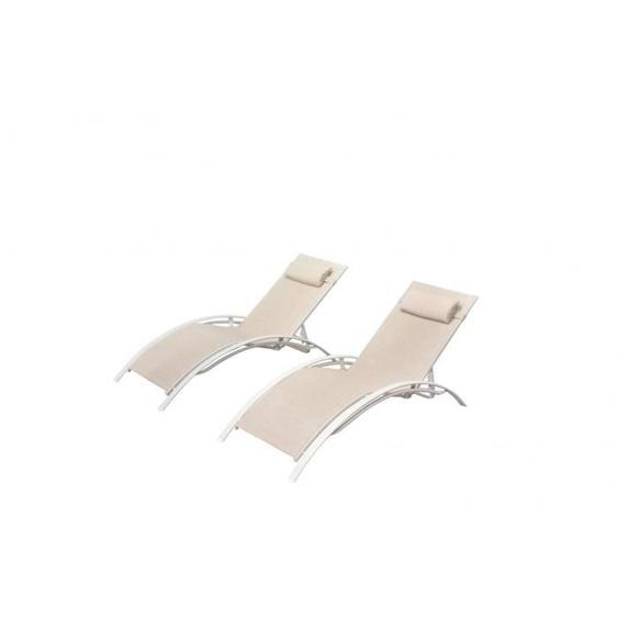 Bahia Ecru/Blanc x2 : lot de 2 transats empilables et ajustables en aluminium et toile PVC